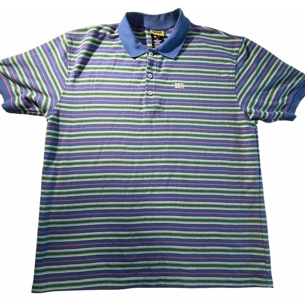 WORBLE XL  Strikeout Blue, Red & Green Stripe Polo Shirt Y2k Men's - Picture 3 of 9